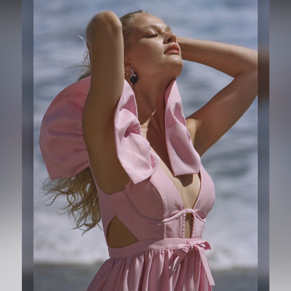 For Love & Lemons Miriam Structured Ruffle Cutouts Laced Maxi Dress